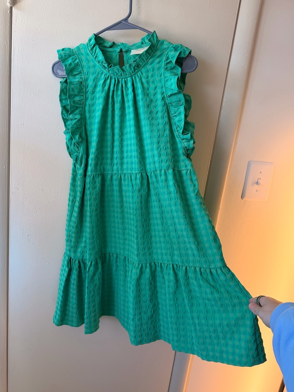 Anthropologie Maeve Lida Ruffled Green Gingham Mini Dress M